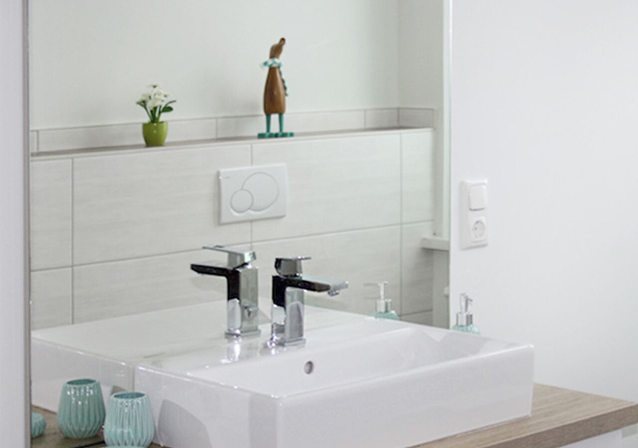 Ein modernes Badezimmer mit einem weißen Waschbecken, zwei Wasserhähnen und einem Spiegel darüber. Auf dem Regal über dem Spiegel steht eine kleine Pflanze und an der Wand ist ein Seifenspender angebracht.