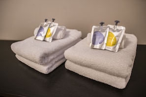 Shower, hair dryer, towels, soap