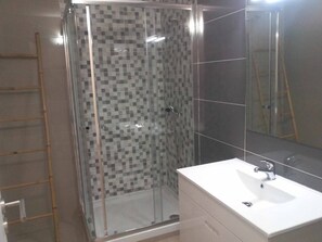 Bathroom features a glass-enclosed shower, sink with chrome faucet, and a large mirror.