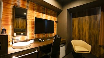 Desk, laptop workspace, blackout curtains, soundproofing