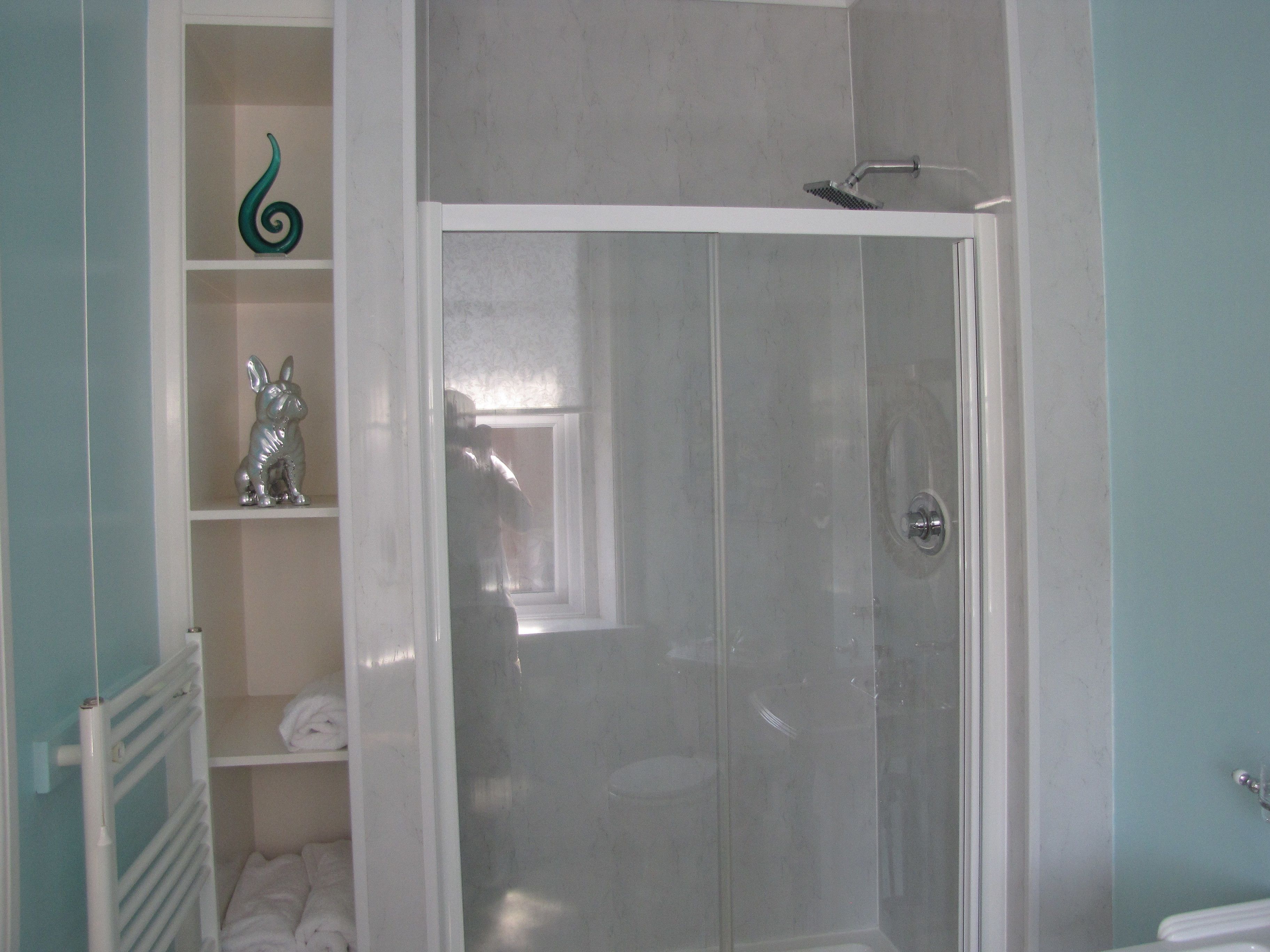 A bathroom with a glass-enclosed shower, a white radiator, and a shelf with decorative items.