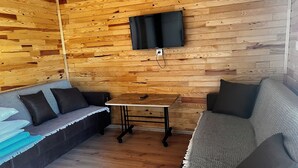 A cozy room with wooden walls, a flat-screen TV mounted above a small table, and two sofas with cushions.