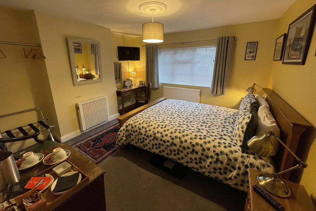 A hotel room with a bed, a desk with a chair, a television, a window with curtains, and a radiator.
