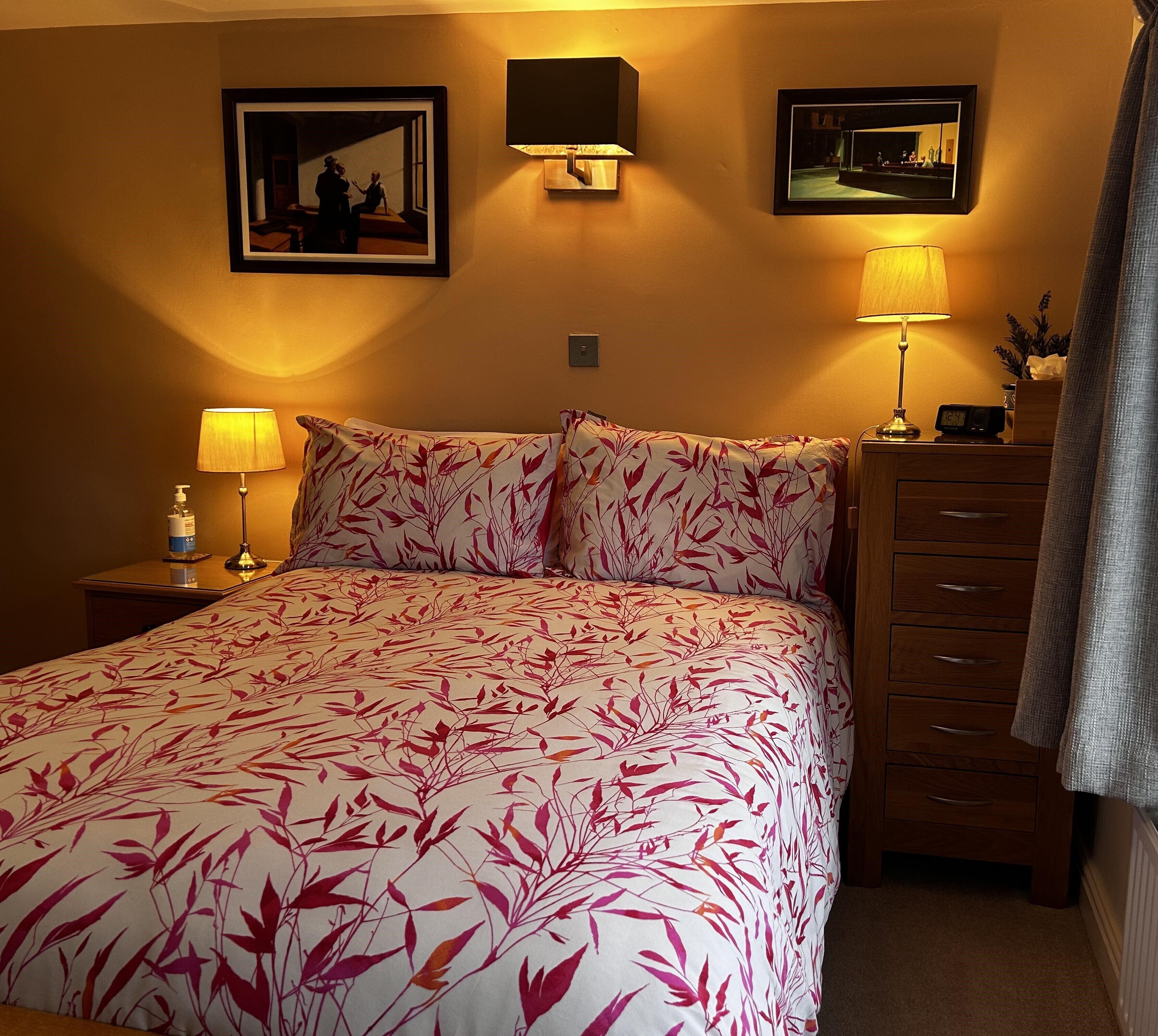 A neatly made bed with a floral bedspread, two bedside lamps, a nightstand with a bottle of hand sanitizer, and a dresser with a mirror.