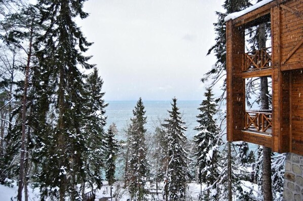 A wooden cabin with a balcony overlooking a snowy forest and a lake. - Hancioglu Orman Evleri ve Hotel (Surmene)