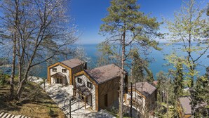 Une propriété située sur une colline, comprenant un chalet en bois et un bâtiment en pierre, entourée d’arbres et offrant une vue sur une étendue d’eau.