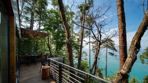 Une terrasse en bois, agréée de mobilier d’extérieur, entourée d ’arbres et donnant sur une étendue d’eau.