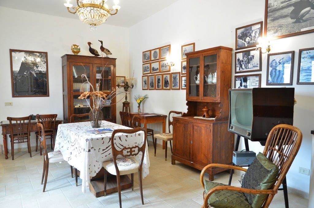 Un comedor con una mesa dispuesta para cuatro personas, rodeada de sillas de madera. Se observa un aparador de madera con puertas de cristal, un televisor y cuadros en la pared.