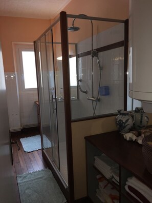 Shower, hair dryer, towels, toilet paper
