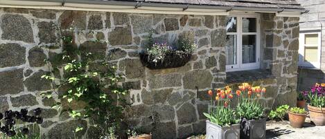 A stone building with a window, a flower box, and potted plants.
