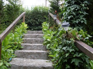 A stone staircase surrounded by lush greenery, leading to a wooden railing.