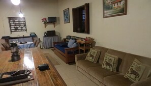 TV, fireplace, books, stereo