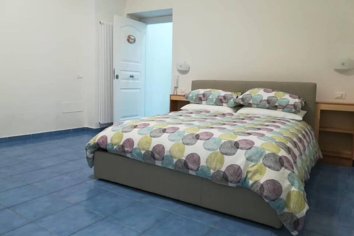 A bedroom with a bed, a door, and a radiator.