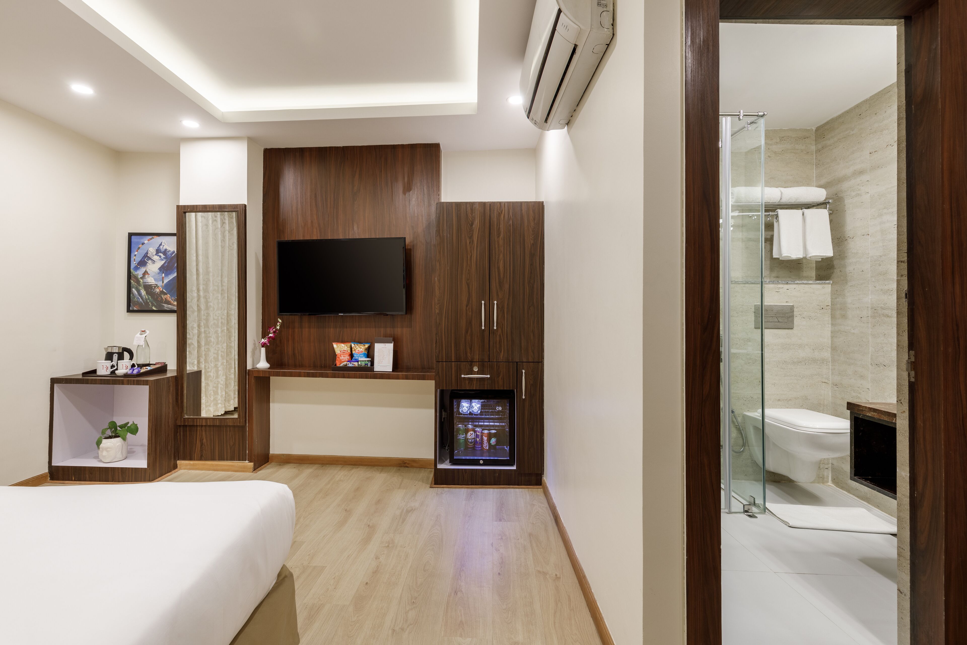Habitación de hotel con cama, televisión, minibar, una pequeña mesa con una planta y zona de ducha.