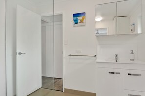 Hair dryer, towels, soap, shampoo