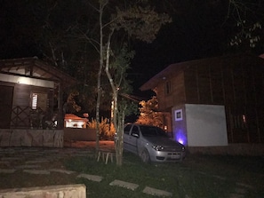 Vue nocturne d’un quartier résidentiel, avec une voiture garée, une maison dont une fenêtre est éclairée et un arbre au premier plan.