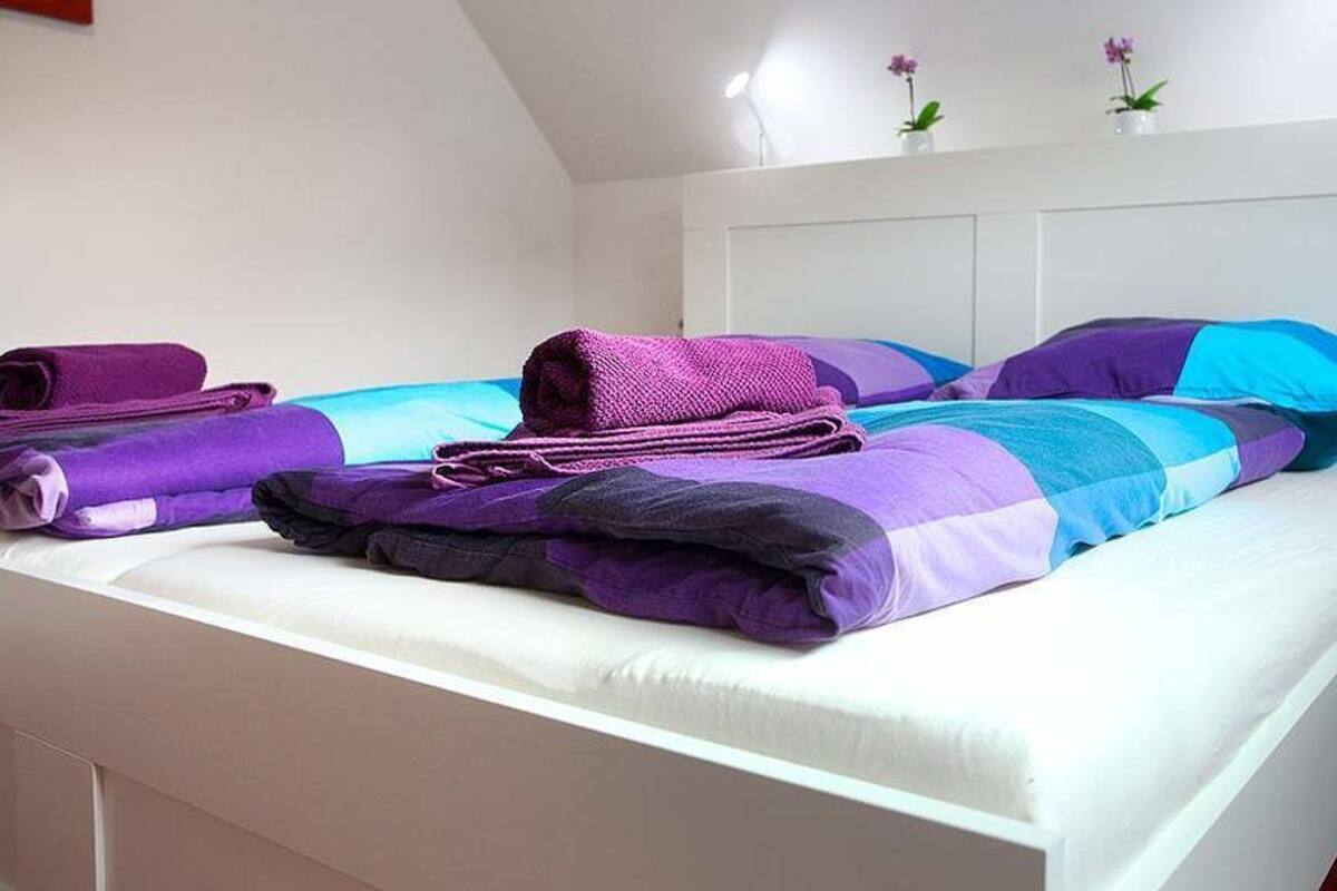 Ein ordentlich bezogenes Bett mit violett-blauer Bettwäsche, ein weißes Kopfteil und ein kleiner Topfpflanzen auf dem Nachttisch.
