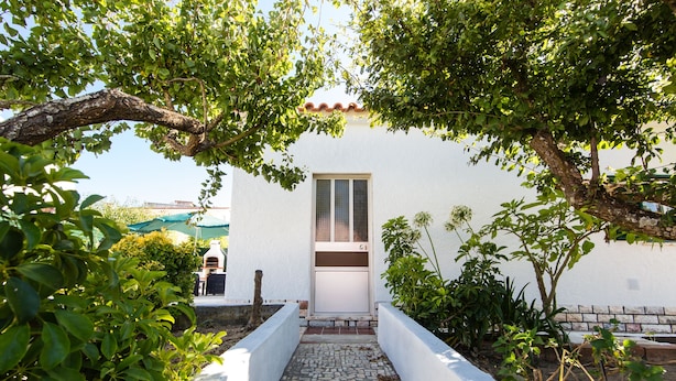 Un estrecho sendero de piedra que conduce a un edificio blanco con puerta y ventana, rodeado de vegetación y un pequeño jardín.