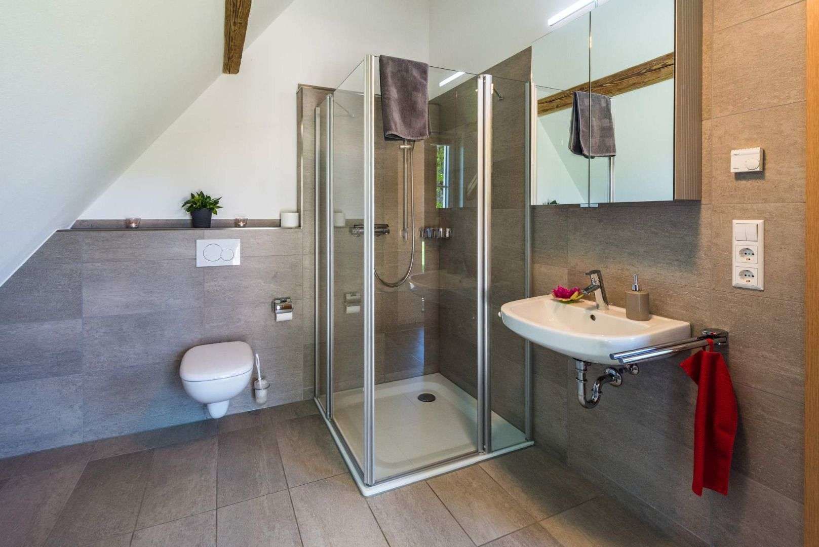 A modern bathroom with a glass-enclosed shower, a white toilet, and a sink with a towel rack.