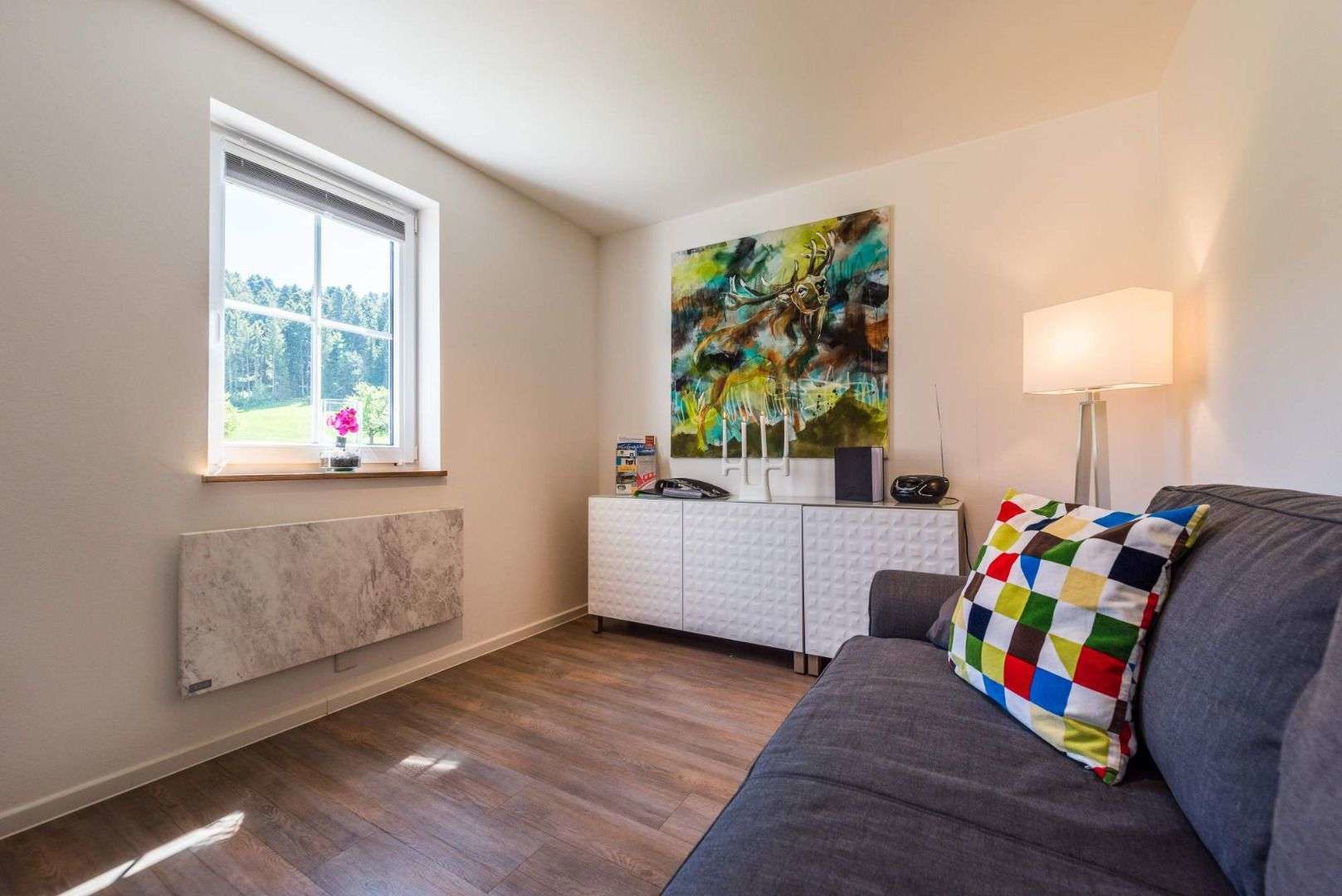 Ein modernes Wohnzimmer mit einem grauen Sofa, einem farbenfrohen Kissen, einem weißen Schrank, einem großen abstrakten Gemälde, einem Fenster mit Blick auf Grünflächen und einer Heizung.