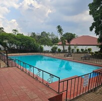 Una piscina rectangular con suelo de baldosas rojas y barandilla de metal negro.