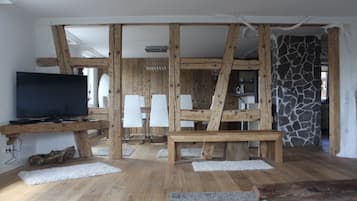 Apartment 1 (incl. cleaning fee & laundry package) | Living area | Smart TV, fireplace