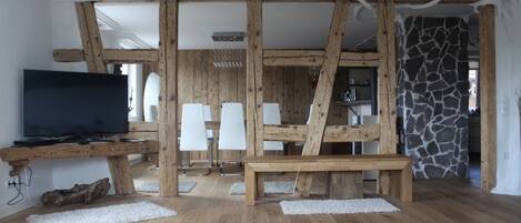 Apartment 1 (incl. cleaning fee & laundry package) | Living area | Smart TV, fireplace