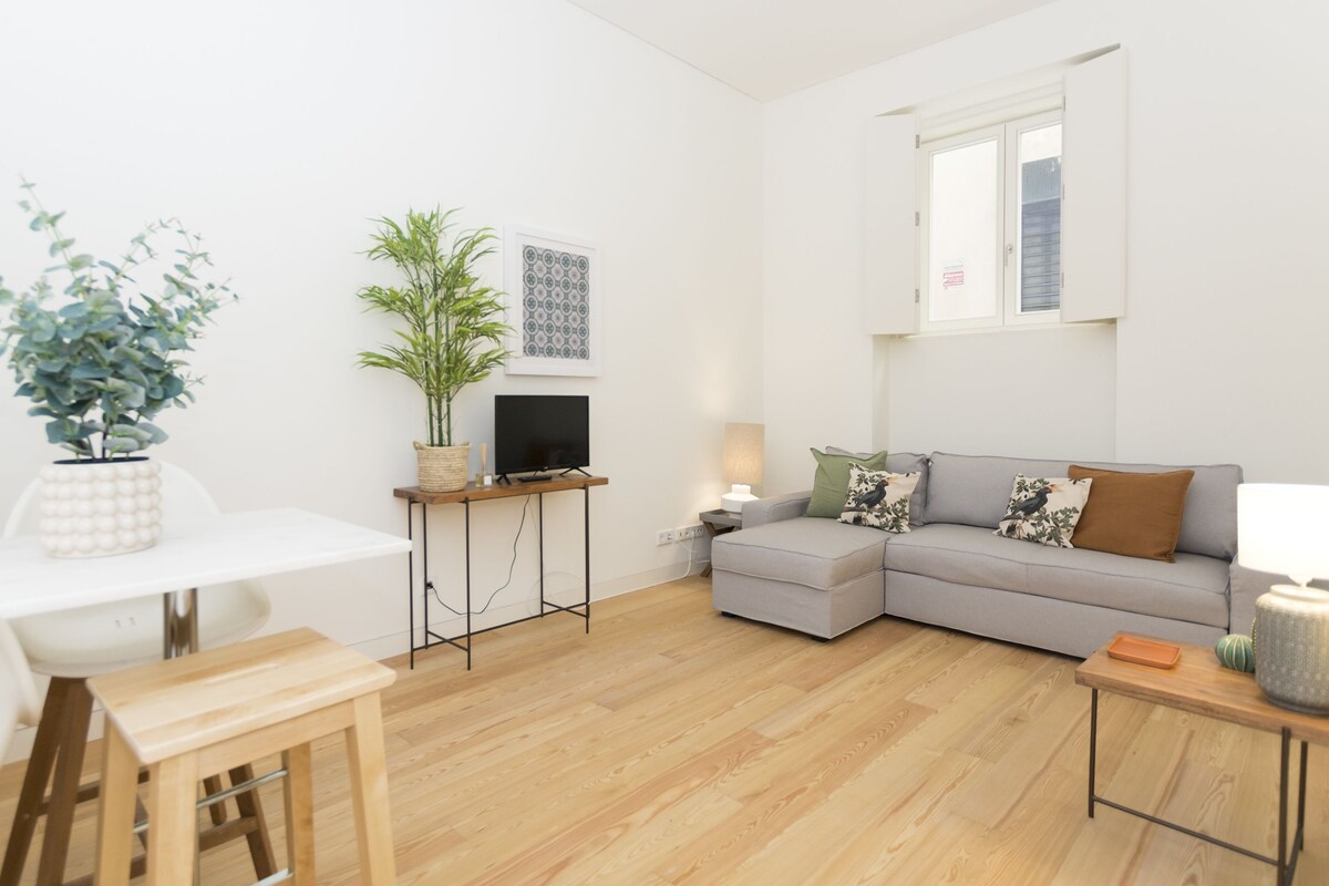 A modern living room with a grey sofa, a small table with a plant, and a TV on a stand.