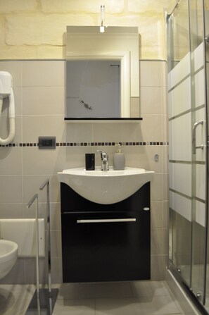 Habitación con 1 cama doble o 2 individuales | Baño | Ducha, secador de pelo y toallas