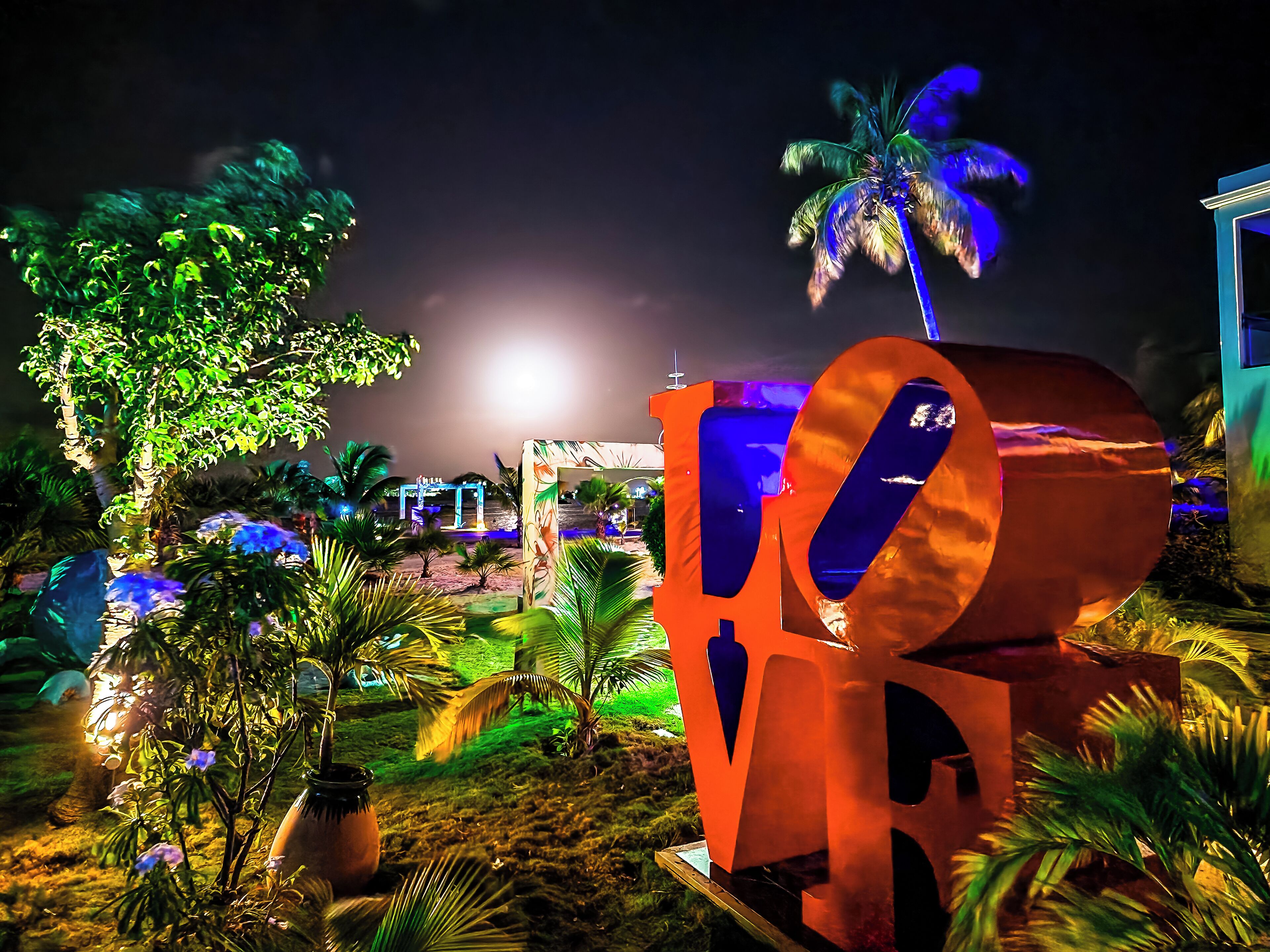 A nighttime outdoor area with a large illuminated sculpture, palm trees, and a well-lit pathway.