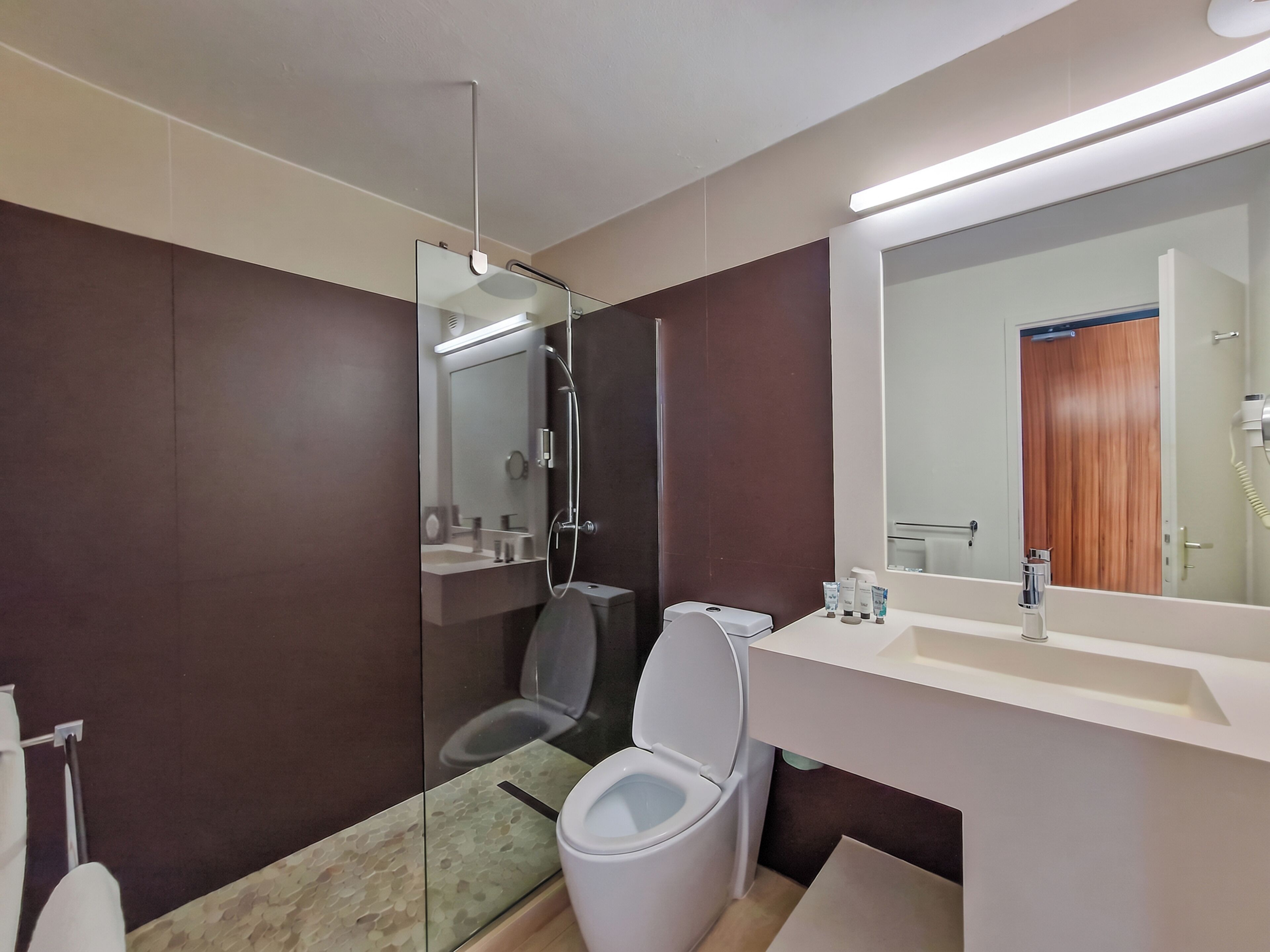A modern bathroom with a glass-enclosed shower, a white toilet, and a vanity with a mirror.