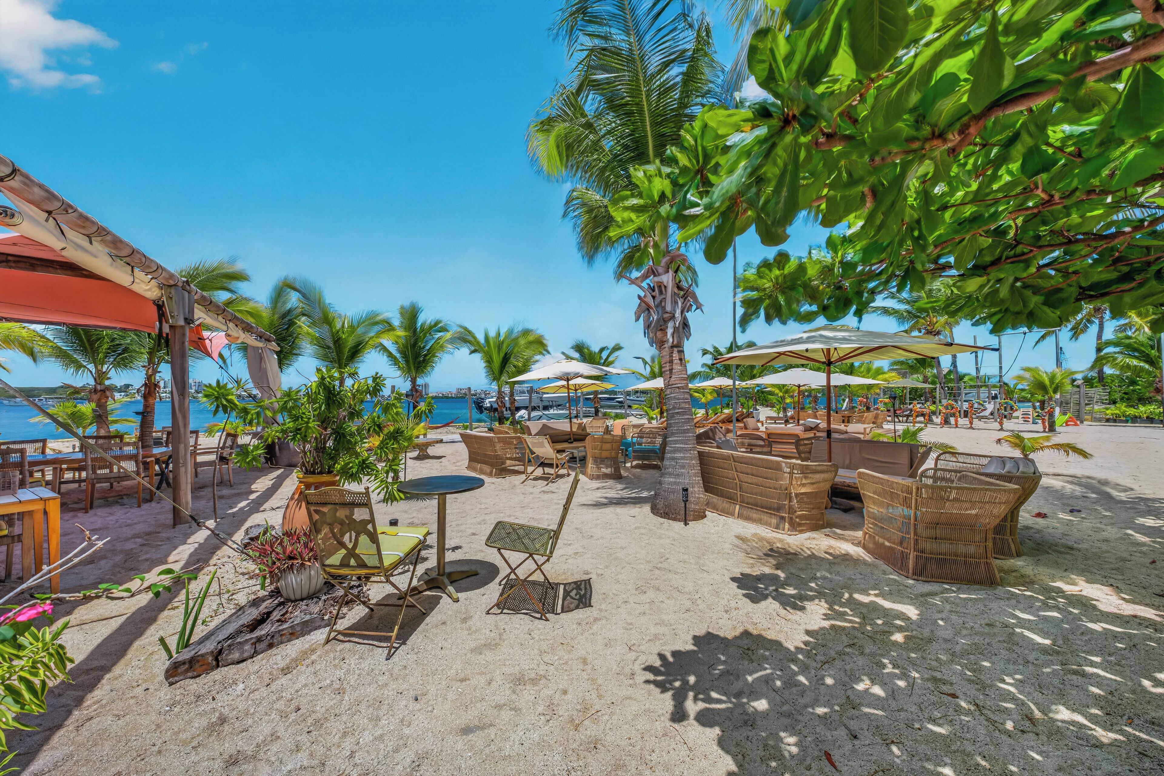 Un salón junto a la playa con asientos al aire libre, palmeras y vista al mar.