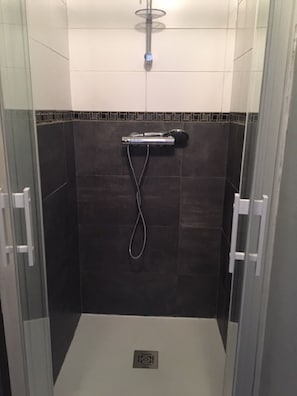 A shower stall with a handheld showerhead, a handheld shower attachment, and a wall-mounted faucet. - "CHEZ VIORIKA" Apartment: 3 Bedrooms, 4 Beds, Parking (Rouen)
