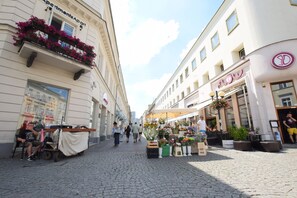A cobblestone street with flower stalls and a café.
