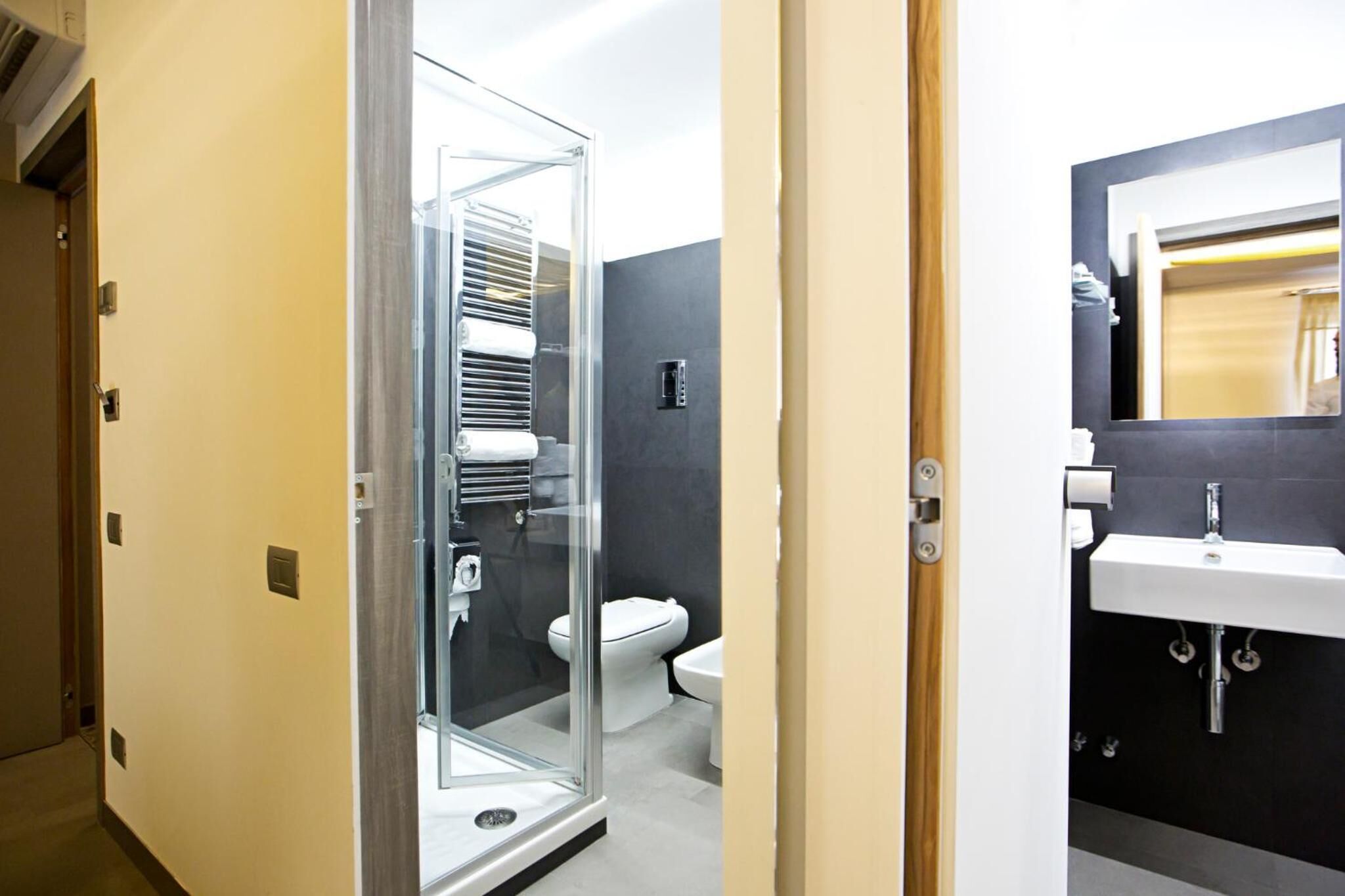 A modern bathroom with a glass shower enclosure, a toilet, and a sink with a mirror.