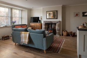 Smart TV, fireplace, books