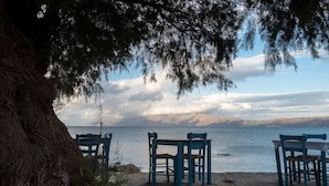 Une scène côtière avec trois chaises bleues et une table placées sous un arbre, d’où l’on peut admirer une mer calme et des montagnes lointaines.