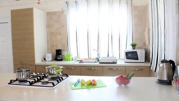 Full-size fridge, microwave, oven, stovetop