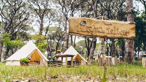 A wooden sign with the name 'Gianna Felice' in a natural setting with tents and trees. - Pigna Felice - Glamping (Grosseto)