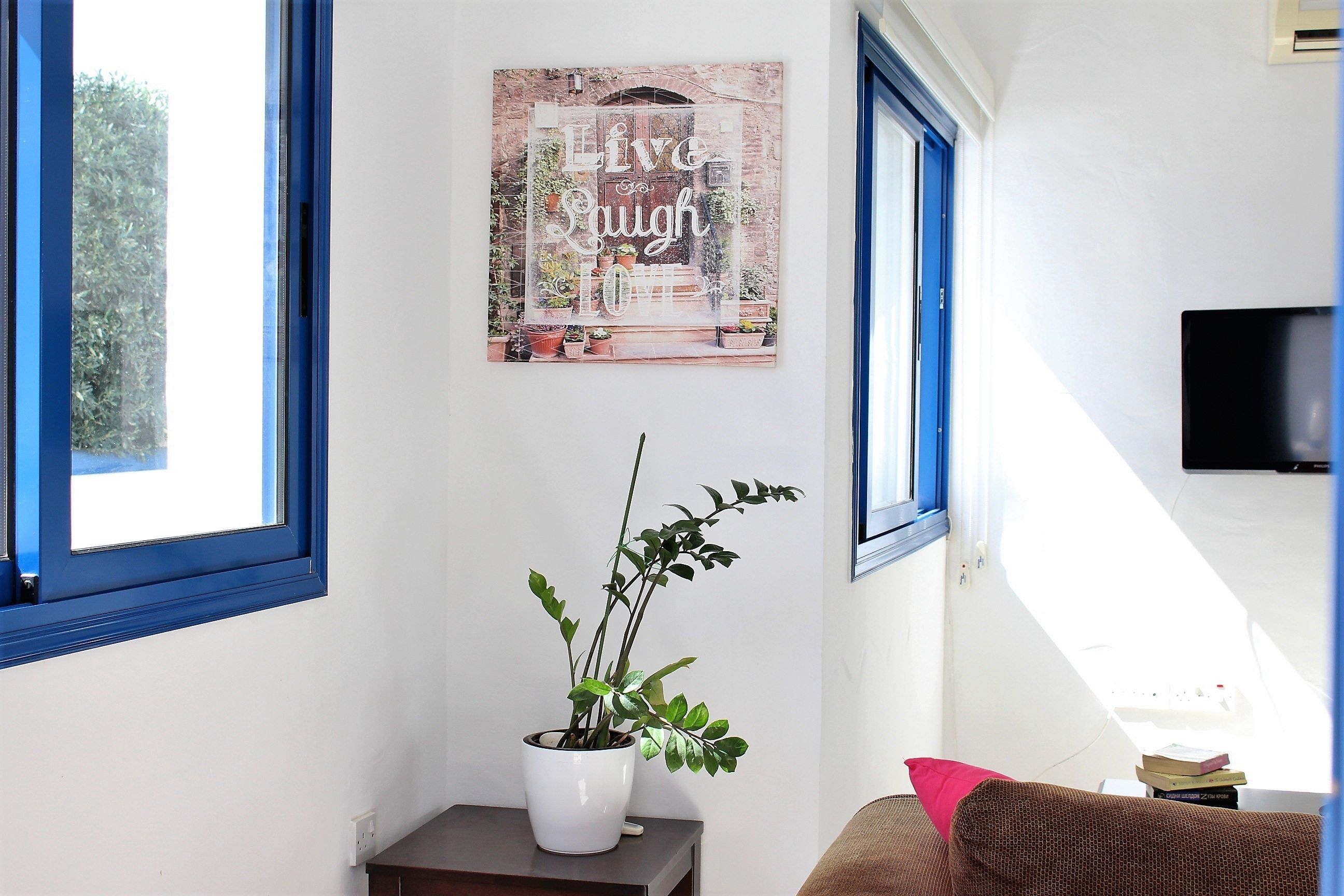 A room with a potted plant on a small table, a couch with a red pillow, and a wall-mounted TV.
