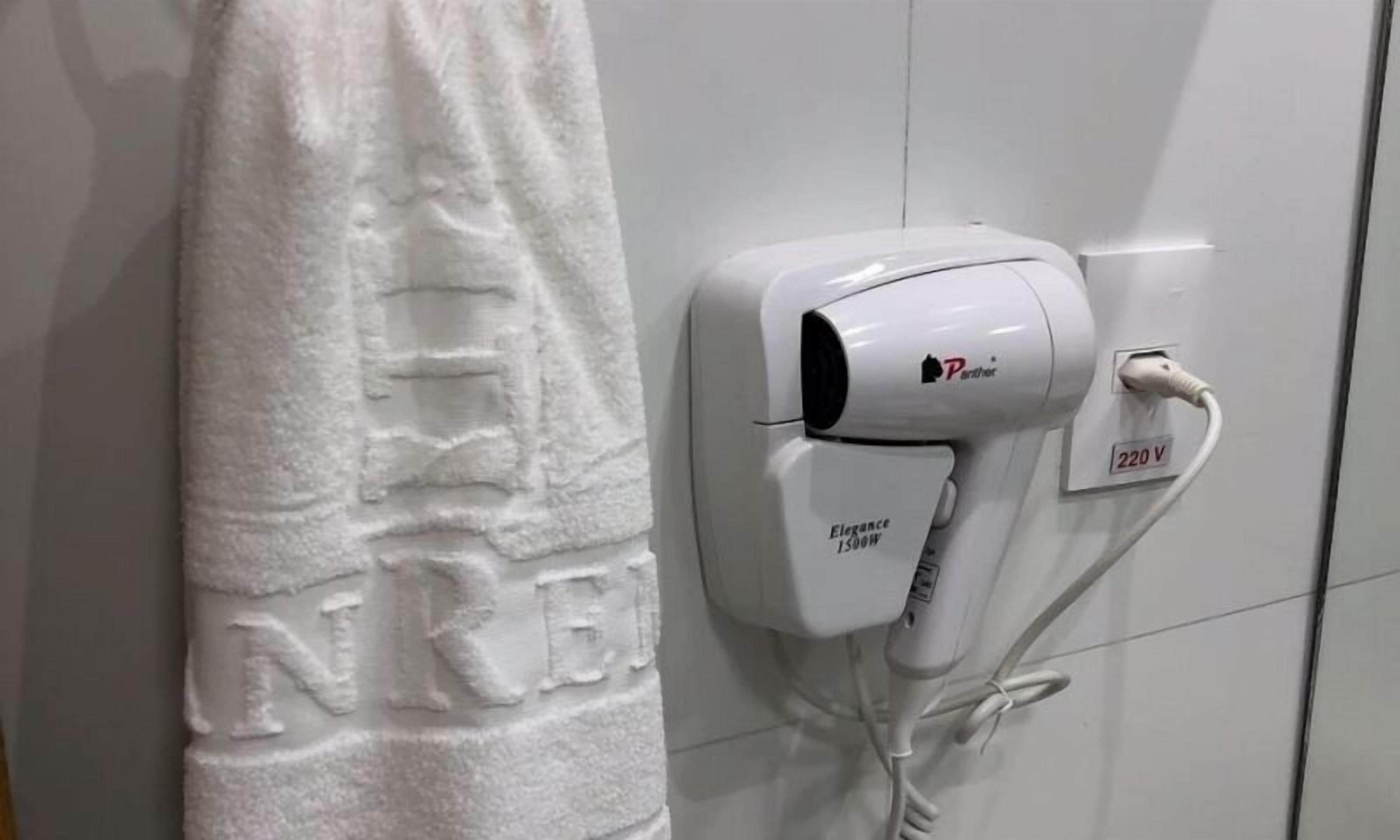 shower, free toiletries, hair dryer, towels