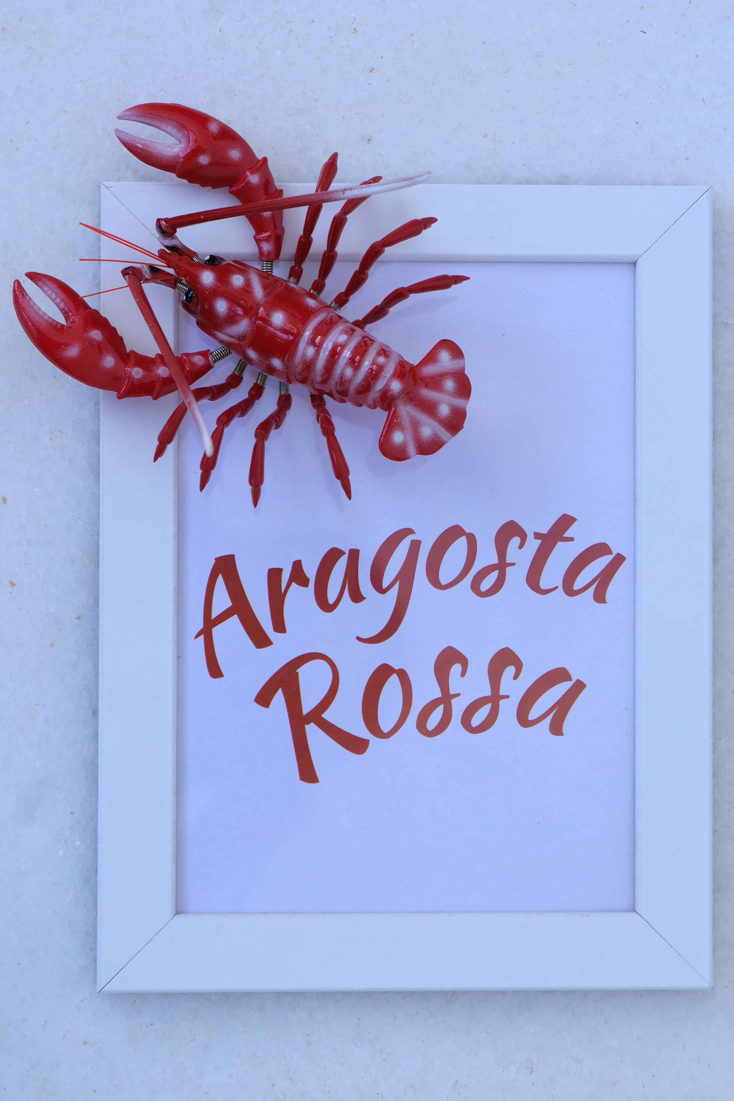 A framed sign with a lobster and the text "Aragosta Rossa".