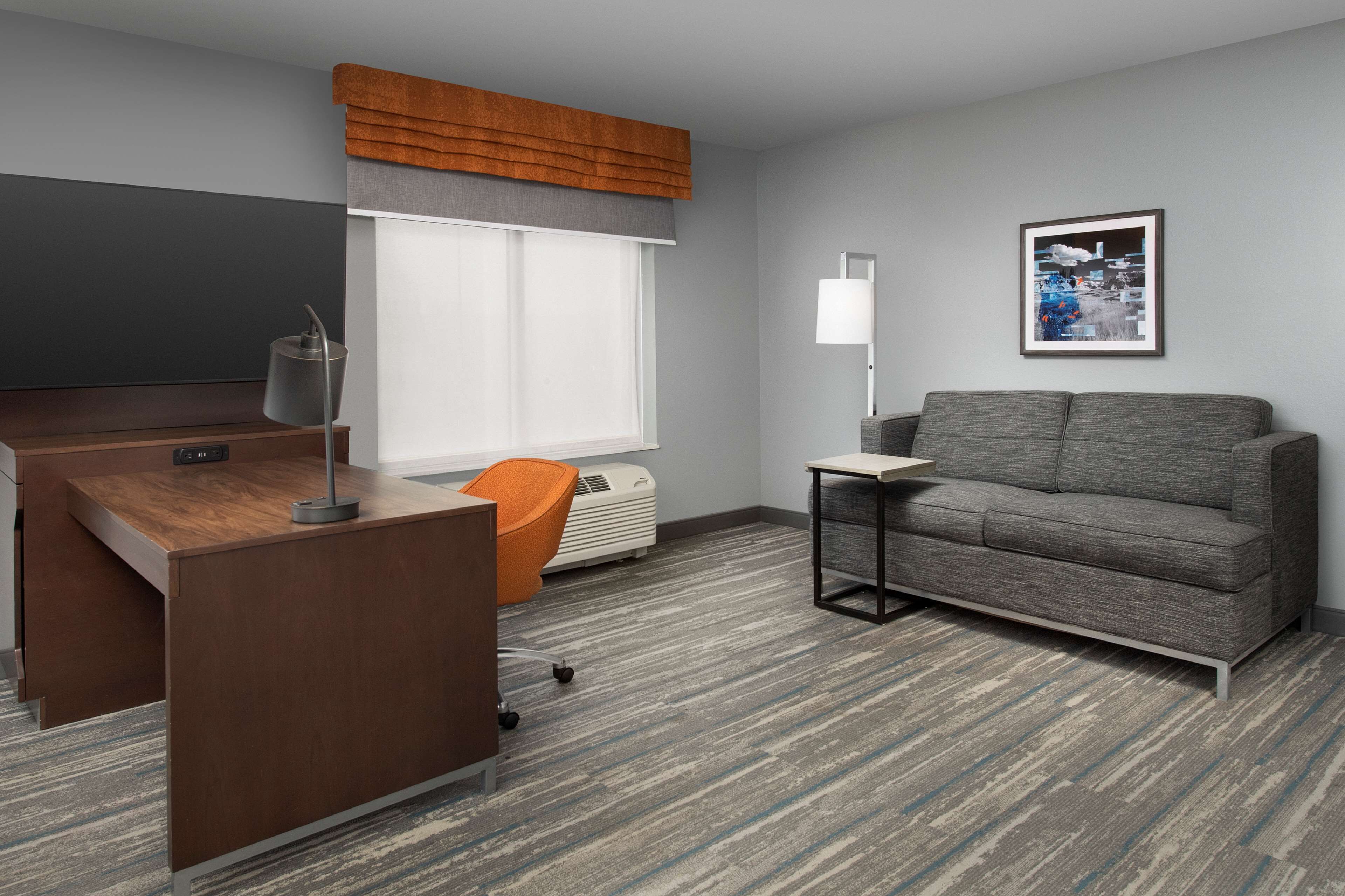 Una habitación de hotel moderna con un escritorio de madera, un sofá gris, una lámpara de pie y un cuadro en la pared.
