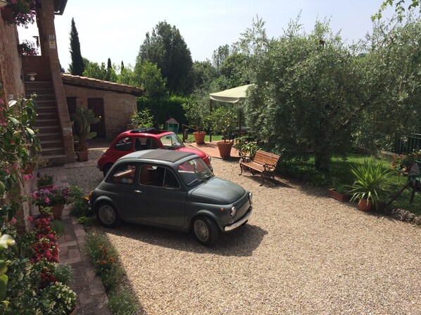 A gravel driveway with two vintage cars parked, surrounded by potted plants and a wooden bench. - Podere Il Pero (Siena)