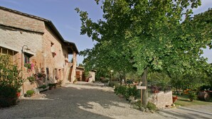 Un bâtiment rustique avec une allée en gravier, entouré de plantes en pot et d’arbres.