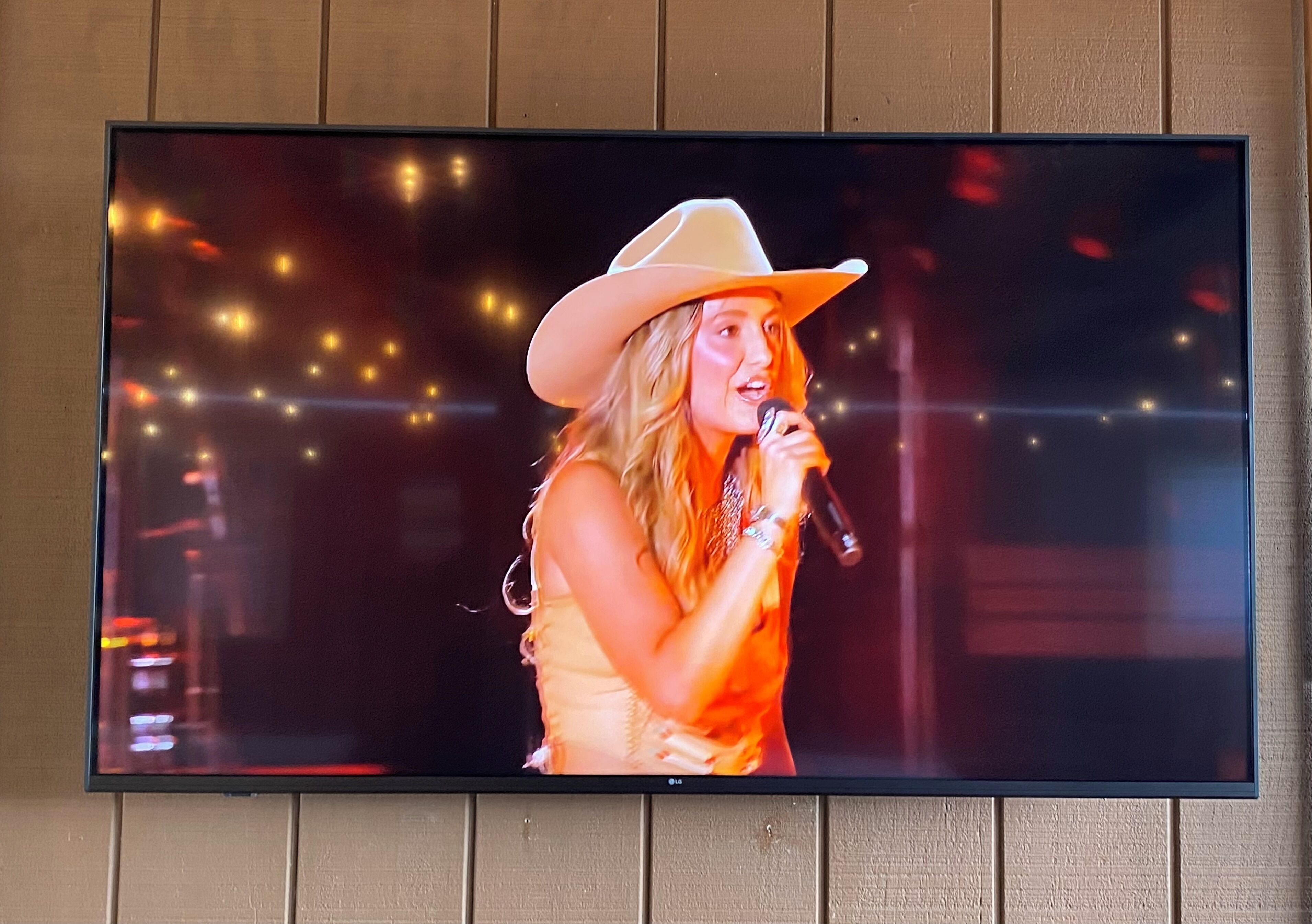 A television screen displaying a performer on stage with a microphone.