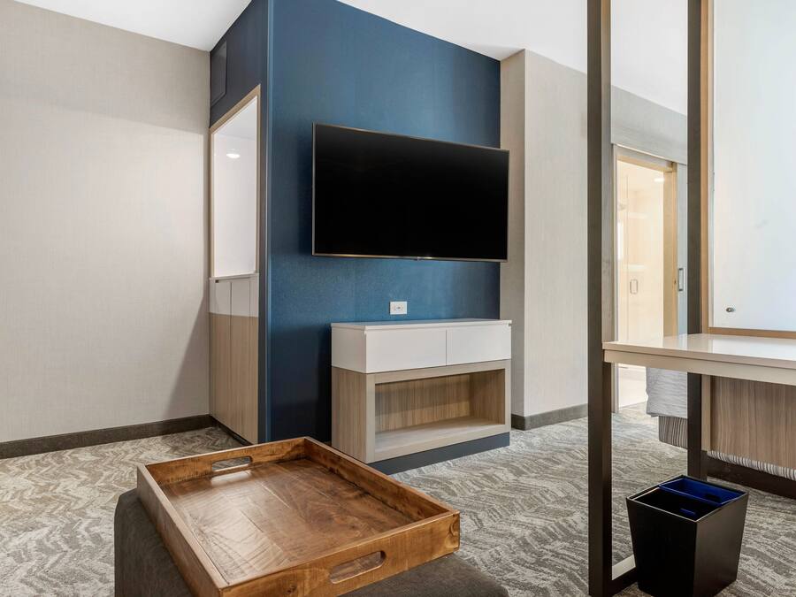 A modern bathroom with a flat-screen TV mounted on the wall, a wooden vanity, and a trash bin.