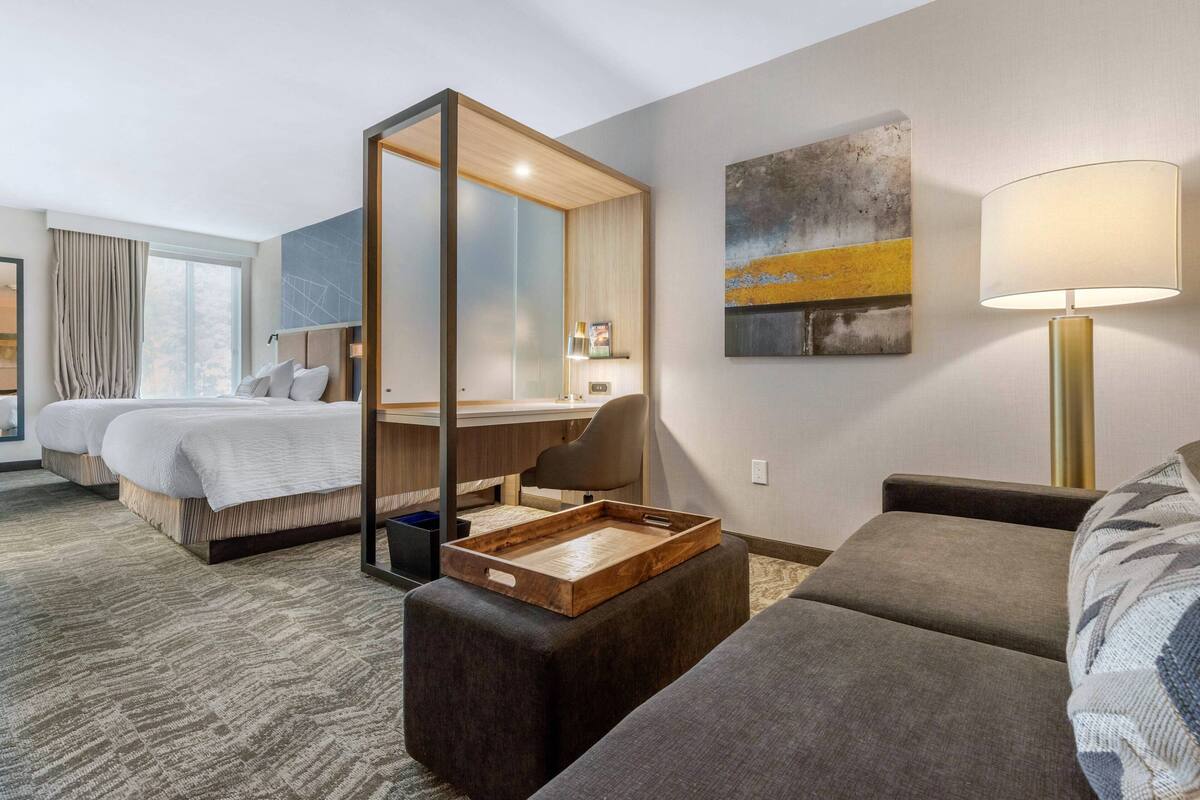 Una habitación de hotel con una cama grande, un sofá, un escritorio, una silla y una lámpara.