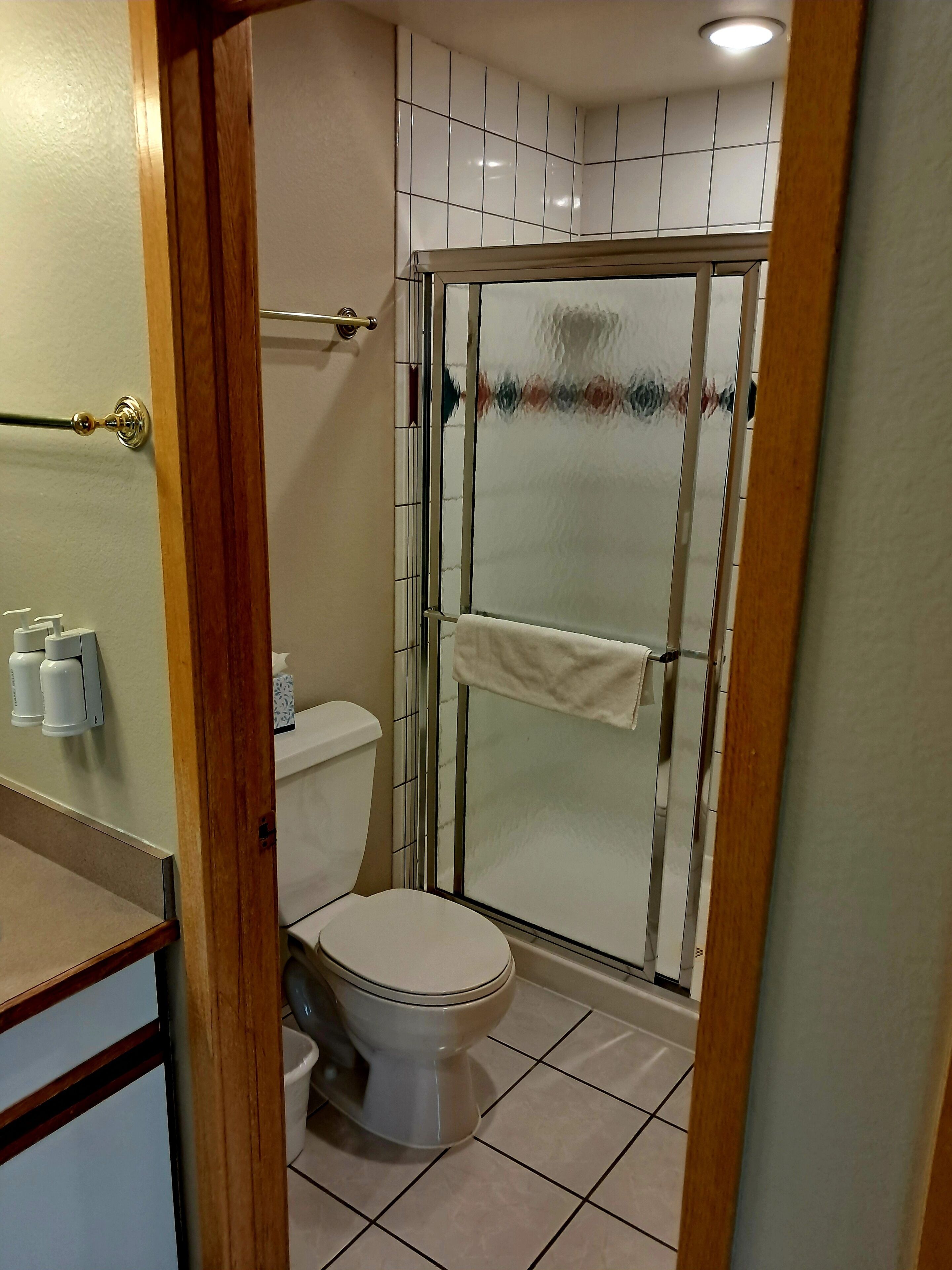 Un baño con inodoro, ducha con cerramiento de vidrio y barra para toallas.