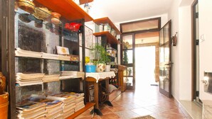 A room with a large bookshelf filled with books and decorative items, a small table with a plant, and a patterned rug on the floor. - Apartment 64 (Vodnjan)